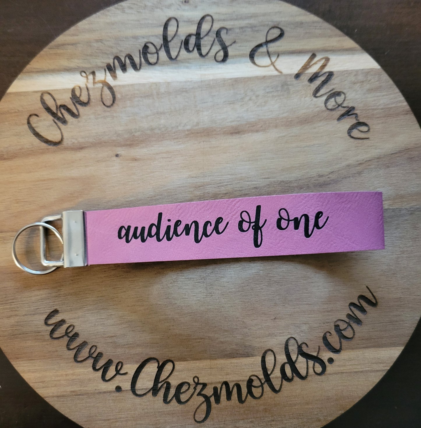 CE laser engraved leather wristlet strap- pink audience of one
