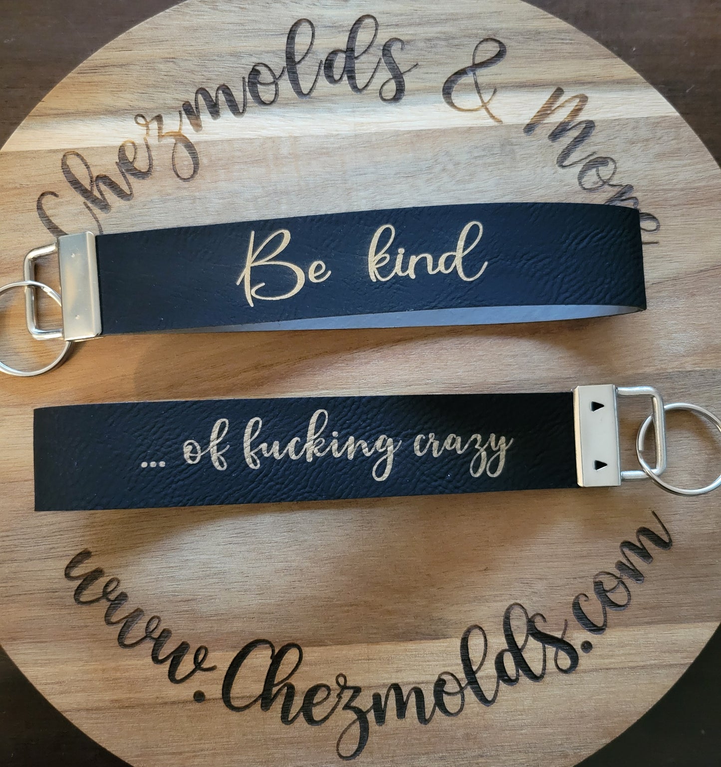CE laser engraved leather wristlet strap-be kind black/gold