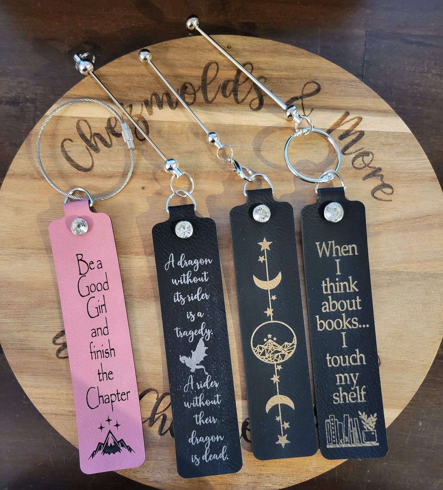 Beadable custom engraved leather bookmarks-black- moons/city of starlight