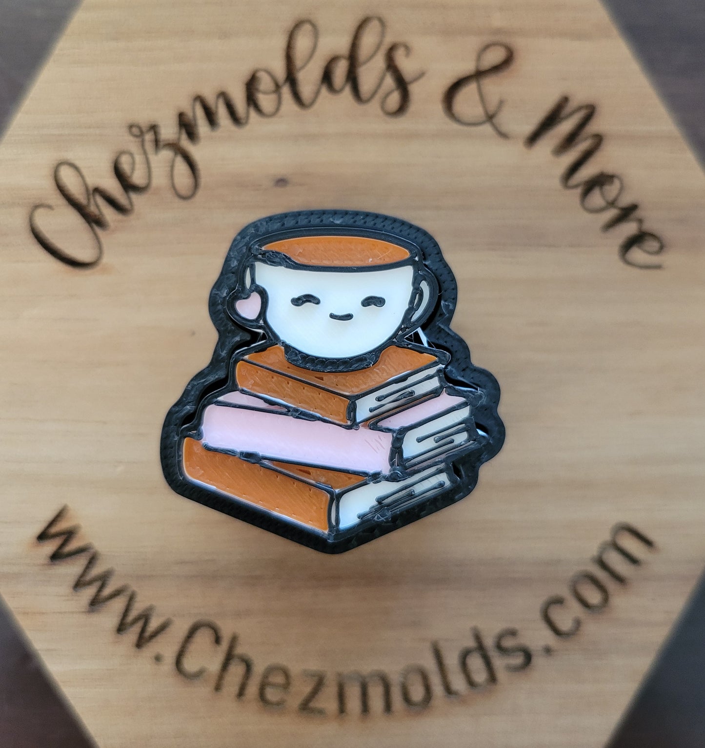 CE 3d printed fidget clicker- with keychain hole -tea and book stack