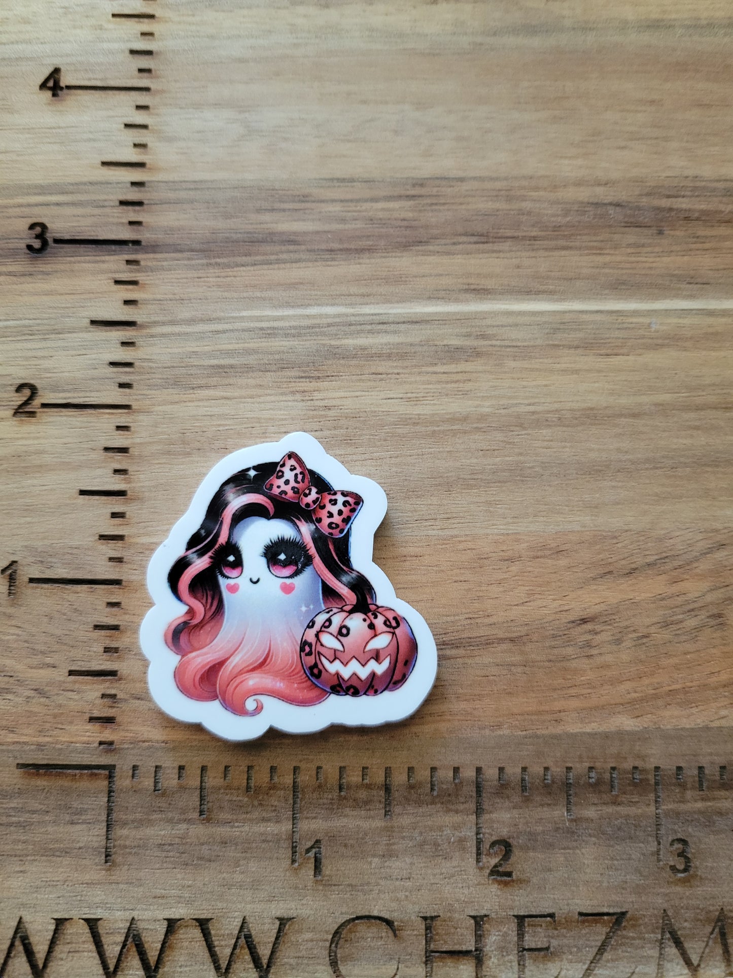 uv printed acrylic flatback- pink -black hair ghost with pumpkin