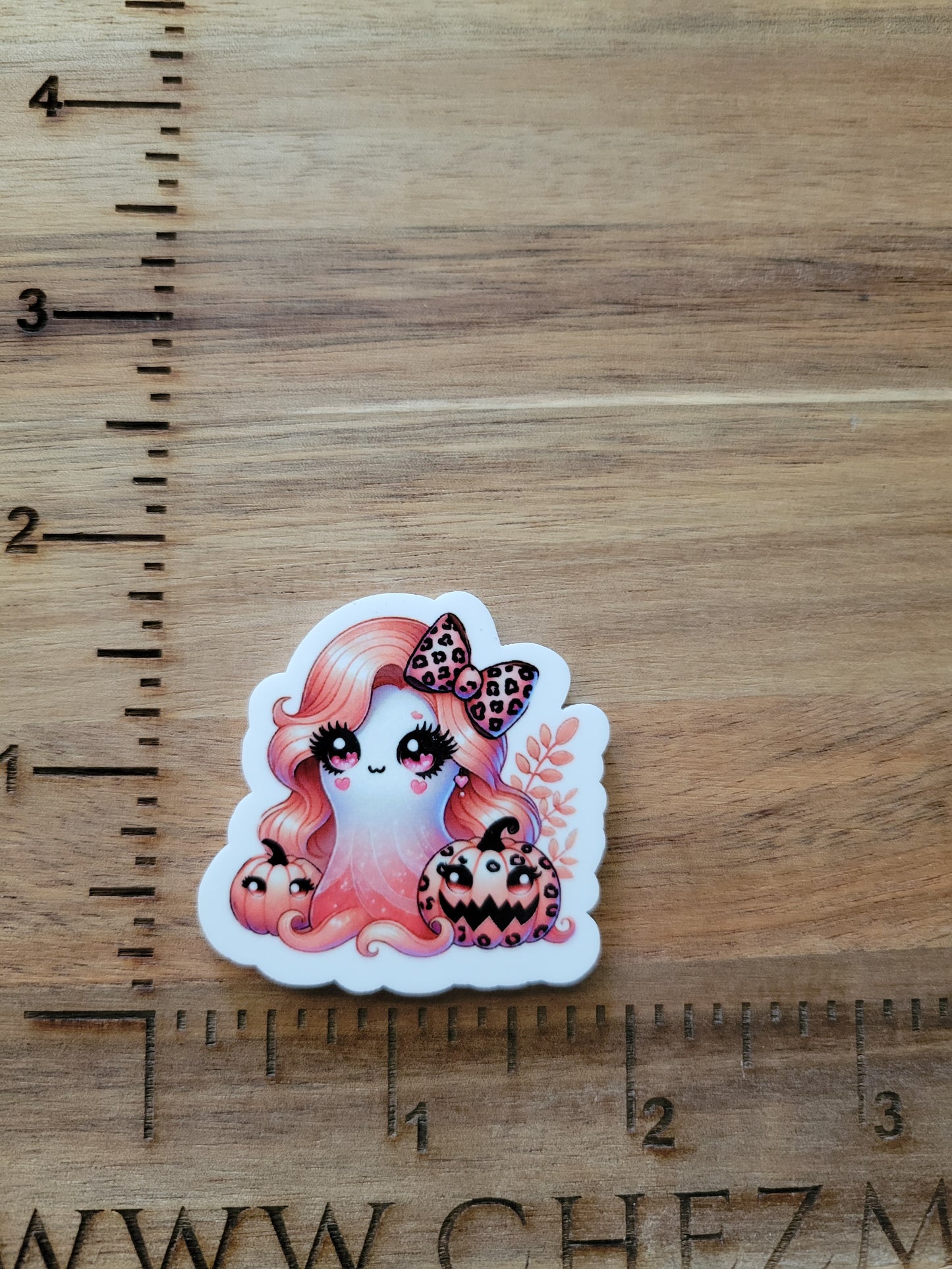 uv printed acrylic flatback- pink hair ghost with pumpkin