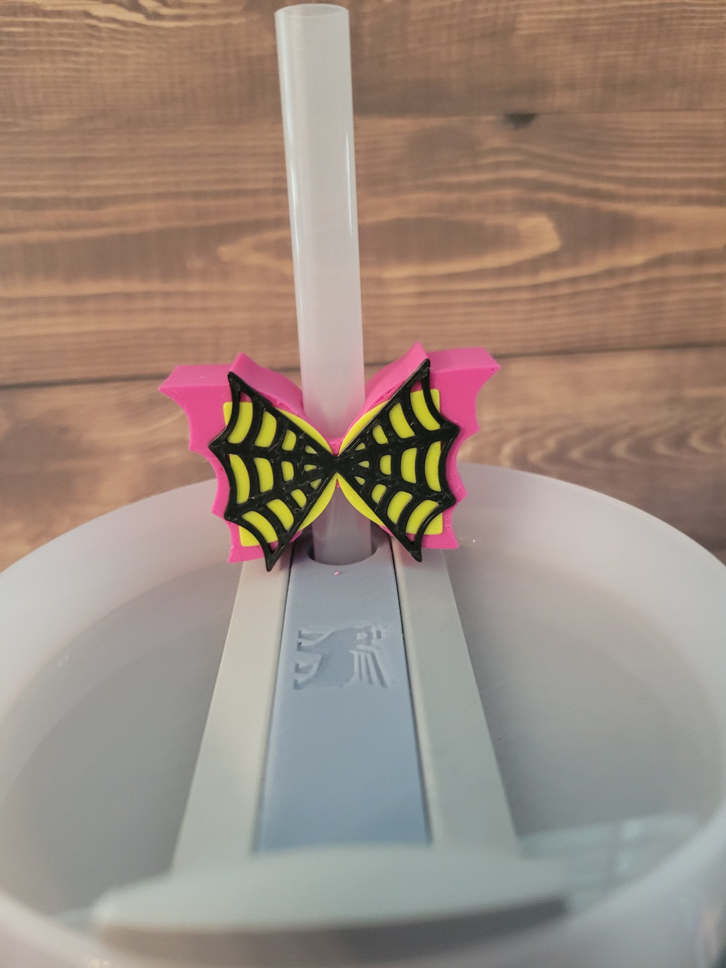 CE 3d printed straw topper- spiderweb bat bow pink/yellow/black