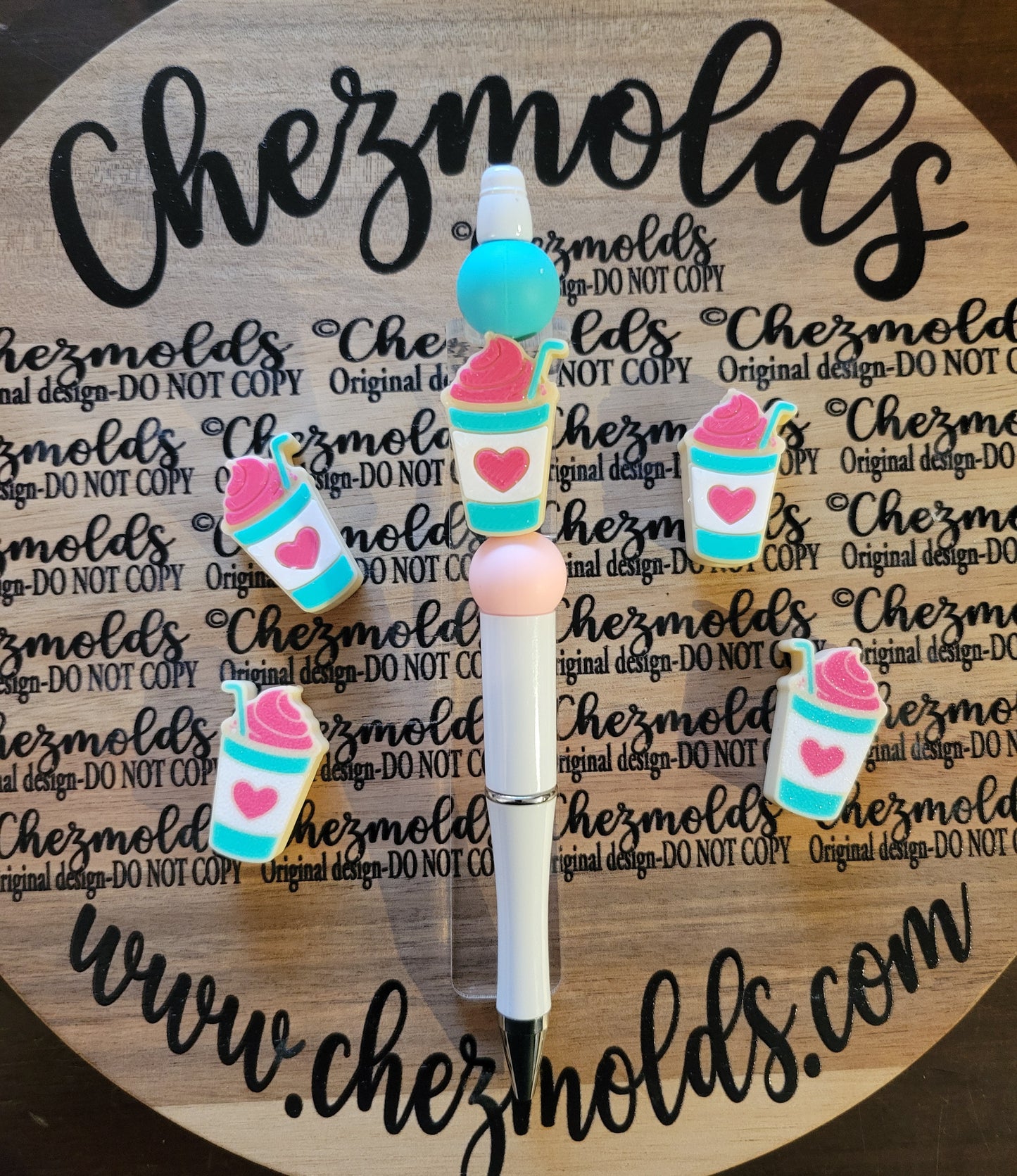 CE 3d printed focal Bead -love coffee pink tan and teal