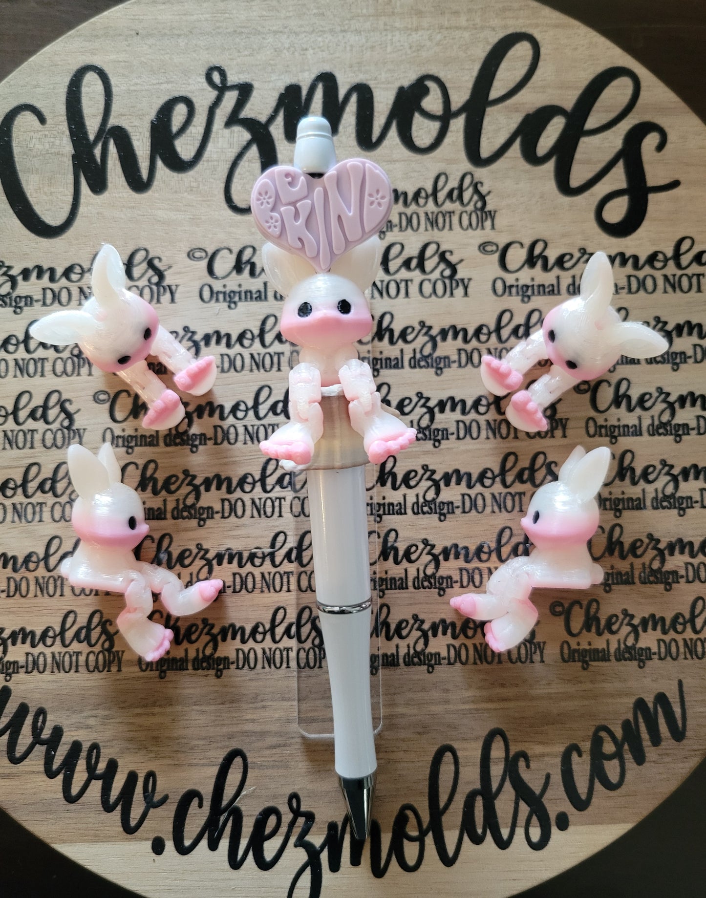 CE 3d printed focal bead-white/pink bunny standing ears kicker ( flexy feet )