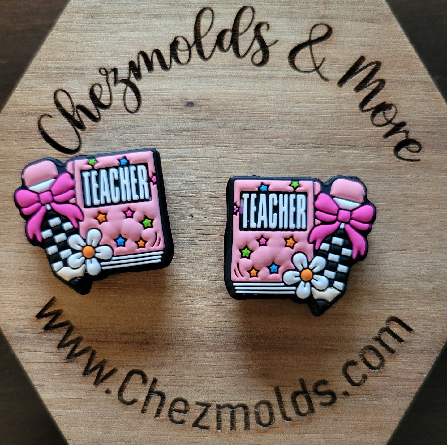 pink teacher book disco pencil- Silicone focal Bead