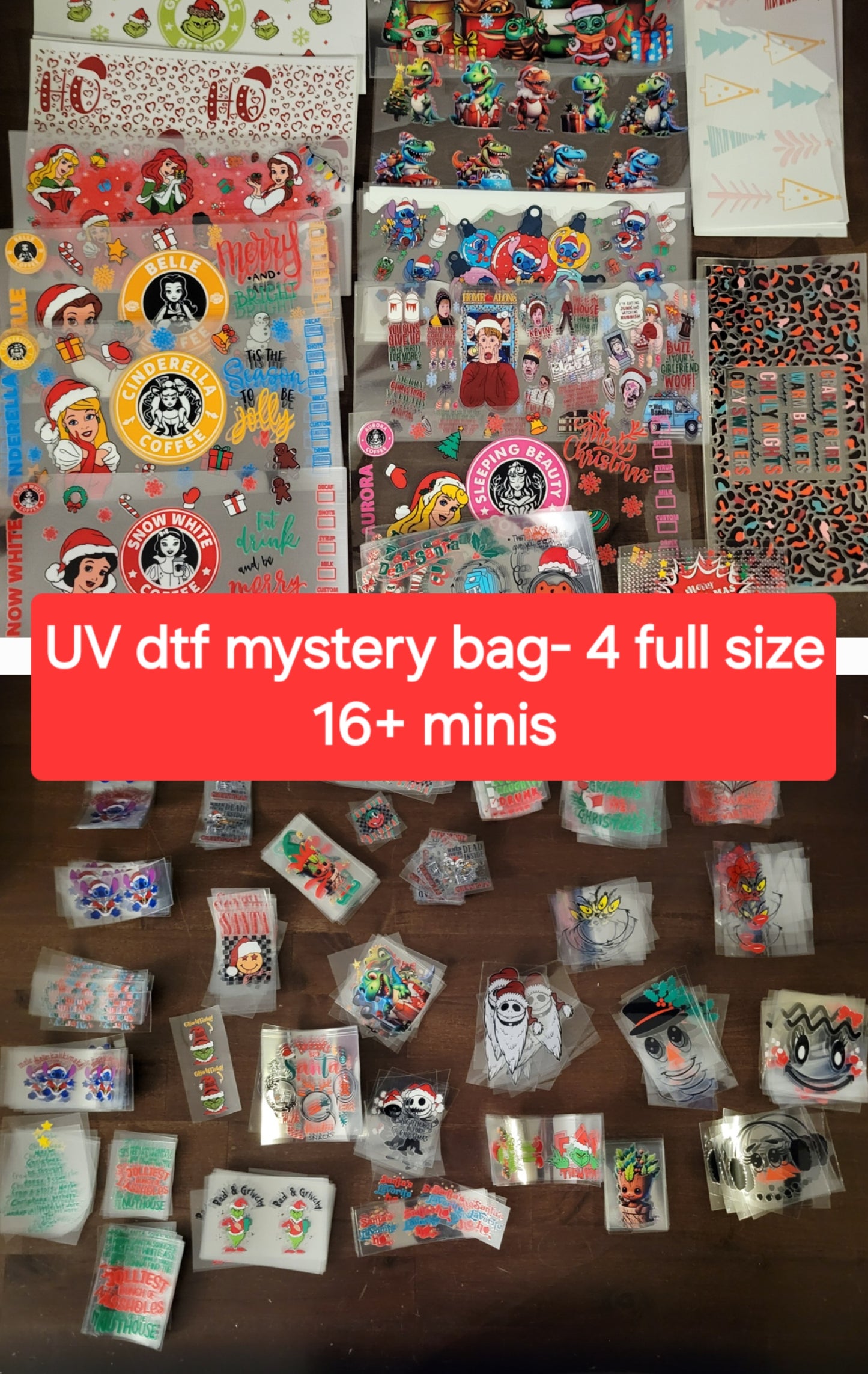 Mystery UV DTF grab bag- each contains 4 full size and 16+ mini decals