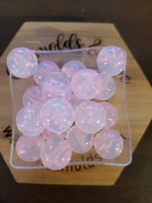 15MM round -set of 5 -dark pink confetti on clear