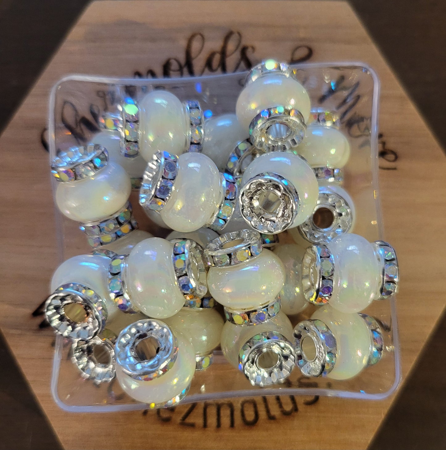 14mm opal spacers with rhinestones -single- white