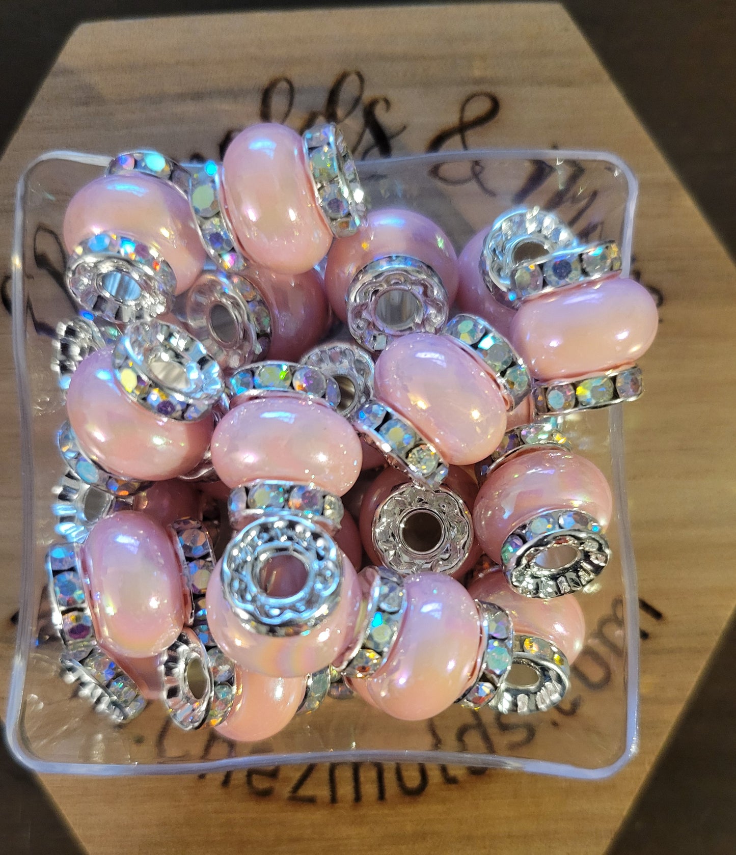 14mm opal spacers with rhinestones -single- light pink