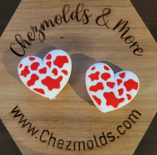 red and white cow heart- Silicone focal Bead