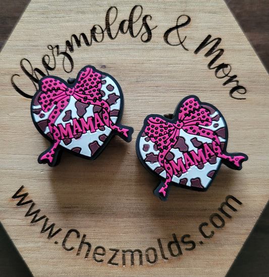 mama pink bow cow heart- Silicone focal Bead