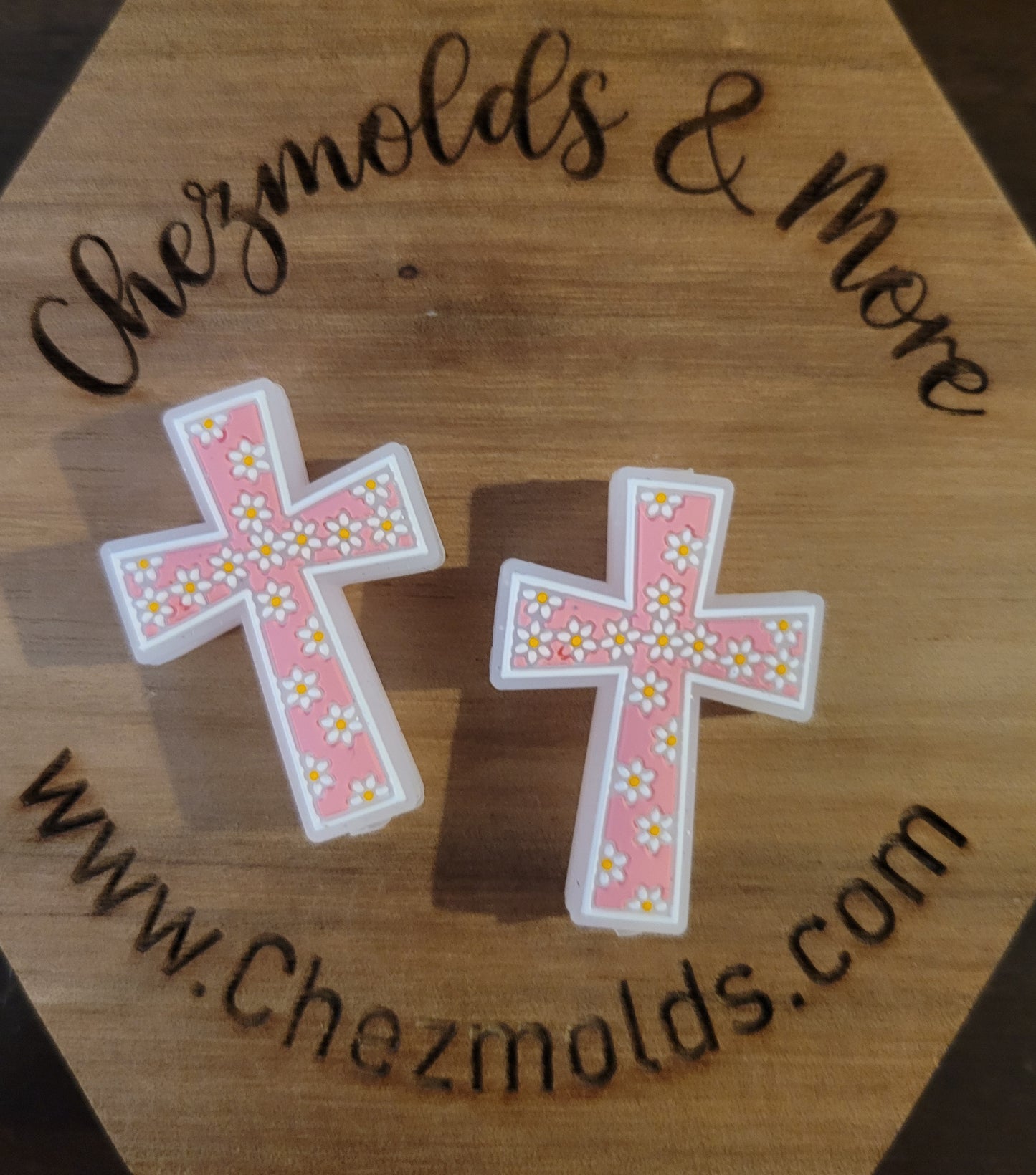 pink floral cross- Silicone focal Bead