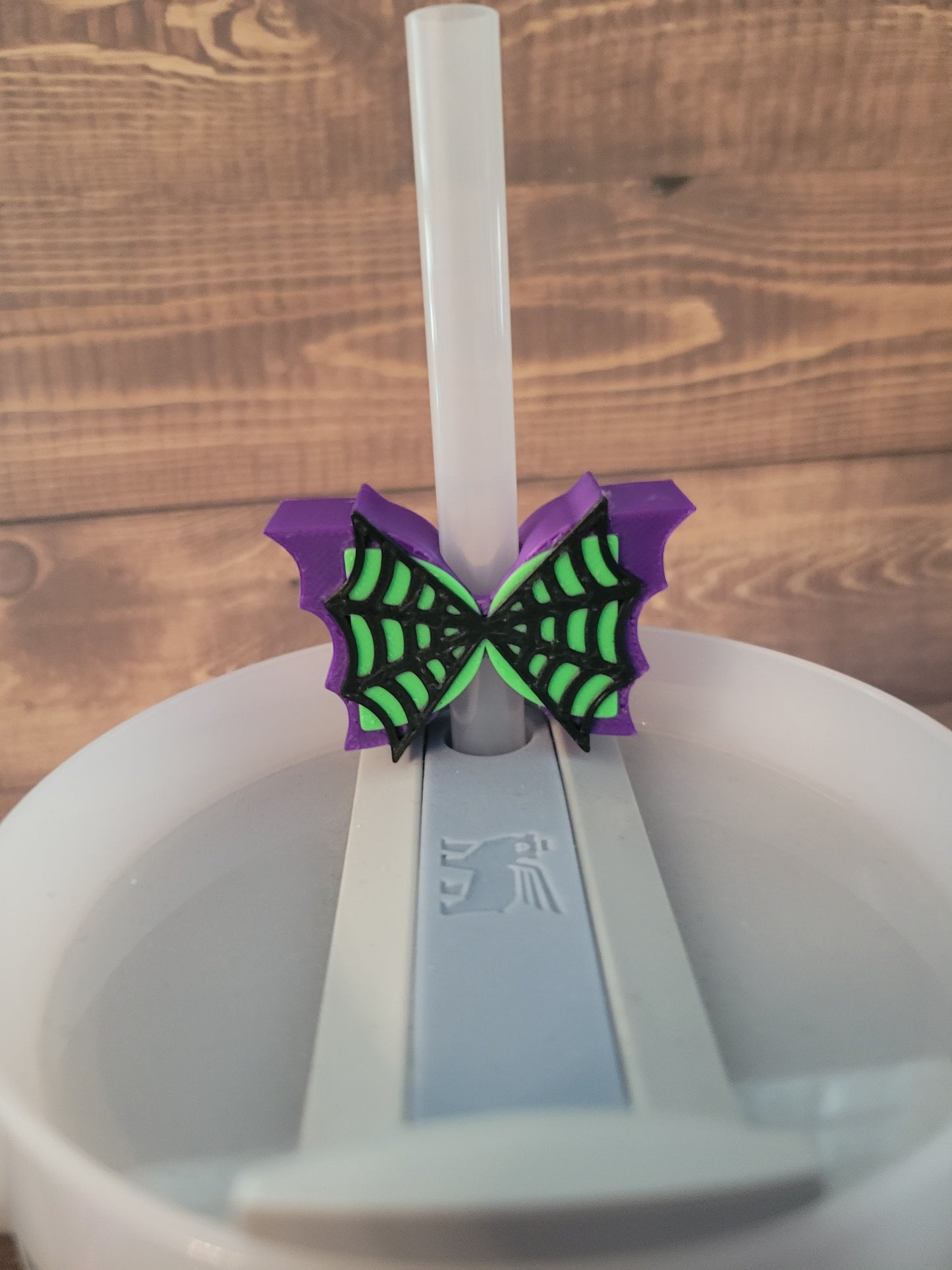 CE 3d printed straw topper- spiderweb bat bow purple/green/black