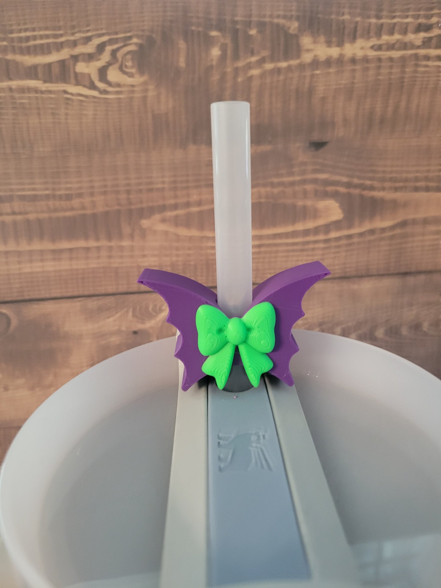CE 3d printed straw topper-bat bow with purple with green bow