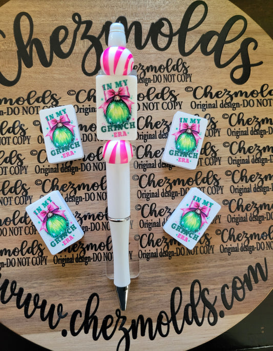 CE 3d printed focal Bead-Grinch era pink bow green ball