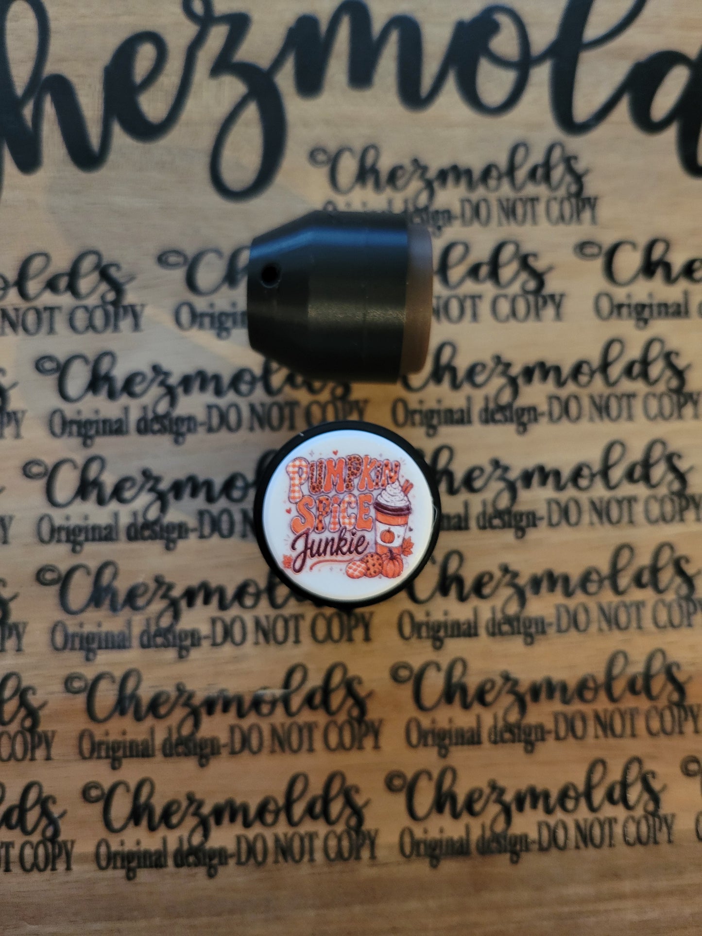 CE 3d printed Clicky button- pumpkin spice junkie- white background