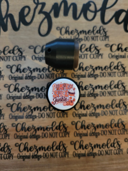 CE 3d printed Clicky button- pumpkin spice junkie- white background