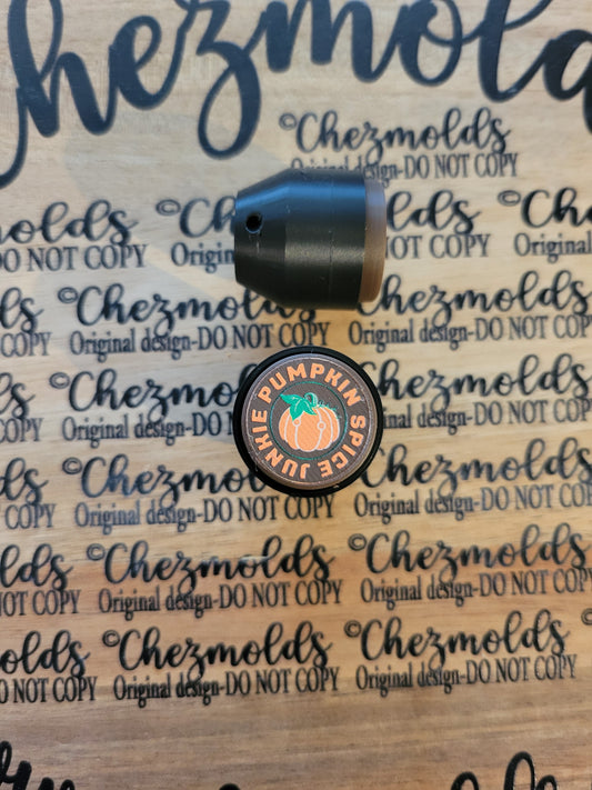 CE 3d printed Clicky button- pumpkin spice junkie- brown background