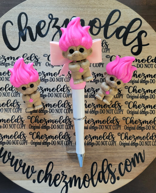 CE 3d printed focal Bead DANGLERZ-troll baby- pink hair