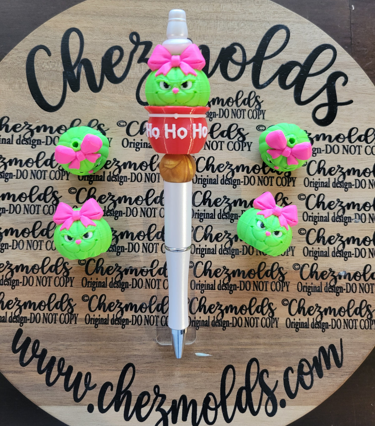 CE 3d printed focal Bead- green pumpkin with pink bow